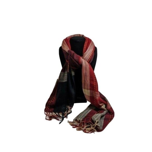 Handwoven Striped Fringed Scarf In Earthy Tones - Picture 1 of 6